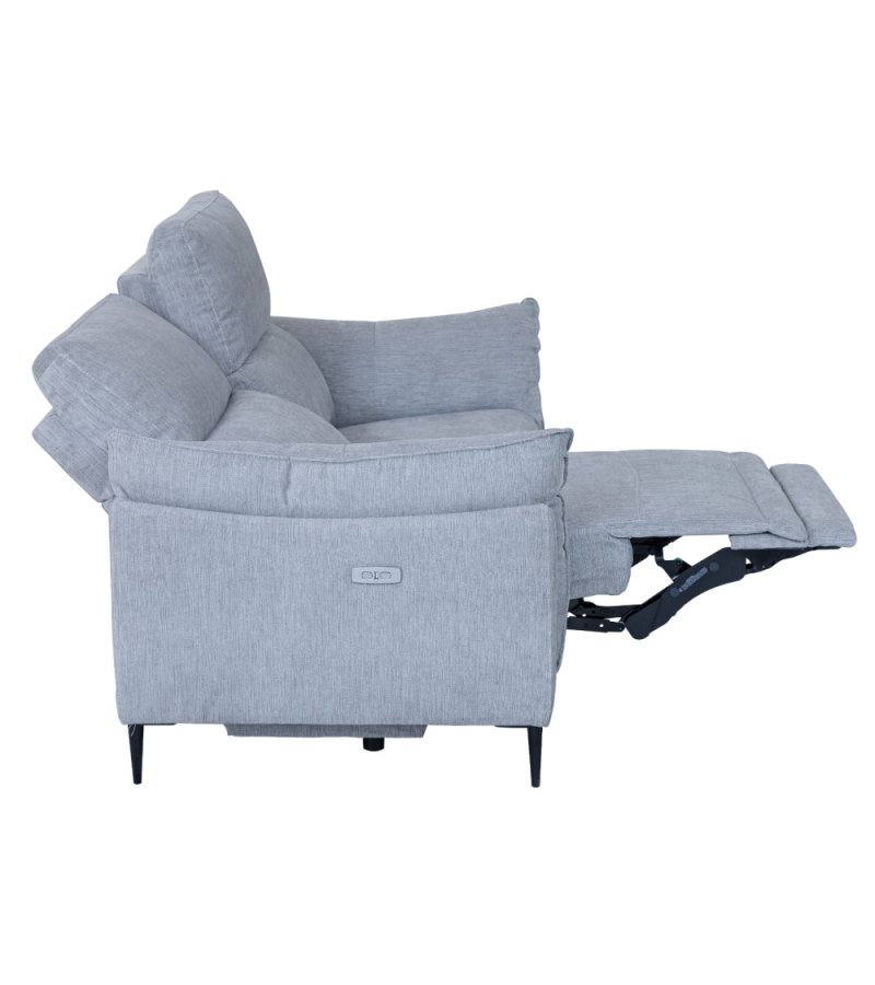 Barcelona 2 pers. sofa, m. recliner, indbygget fodskammel, USB-stik - lysegr stof og sort metal
