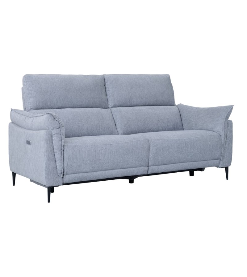 Barcelona 3 pers. sofa, m. recliner, indbygget fodskammel, USB-stik - lysegr stof og sort metal
