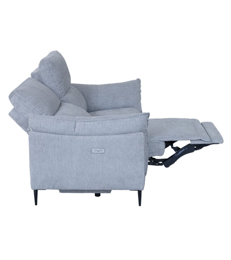 Barcelona 3 pers. sofa, m. recliner, indbygget fodskammel, USB-stik - lysegr stof og sort metal