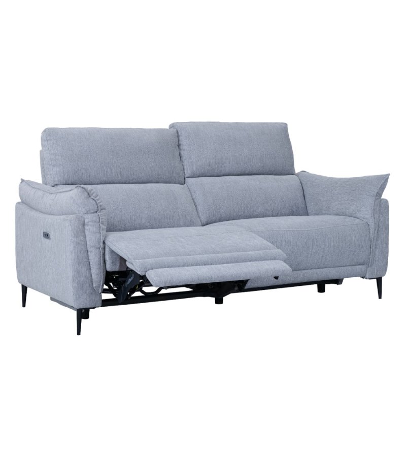 Barcelona 3 pers. sofa, m. recliner, indbygget fodskammel, USB-stik - lysegr stof og sort metal