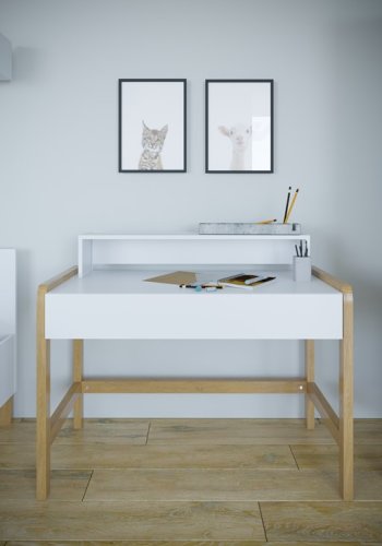 Victor brneskrivebord, m. 1 skuffe - hvid laminat og natur eg (100x60)