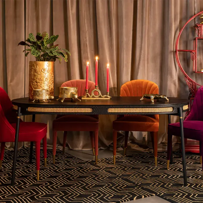 BOLD MONKEY Don't Stop The Webbing spisebord, rund - sort finér, rattan og sort jern (180x90)