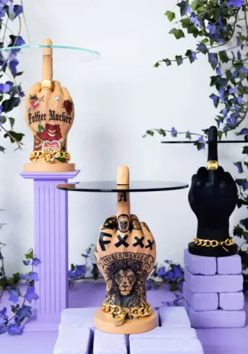 BOLD MONKEY Fother Mucker sidebord, rund - glas og guld/multifarvet harpiks (40)