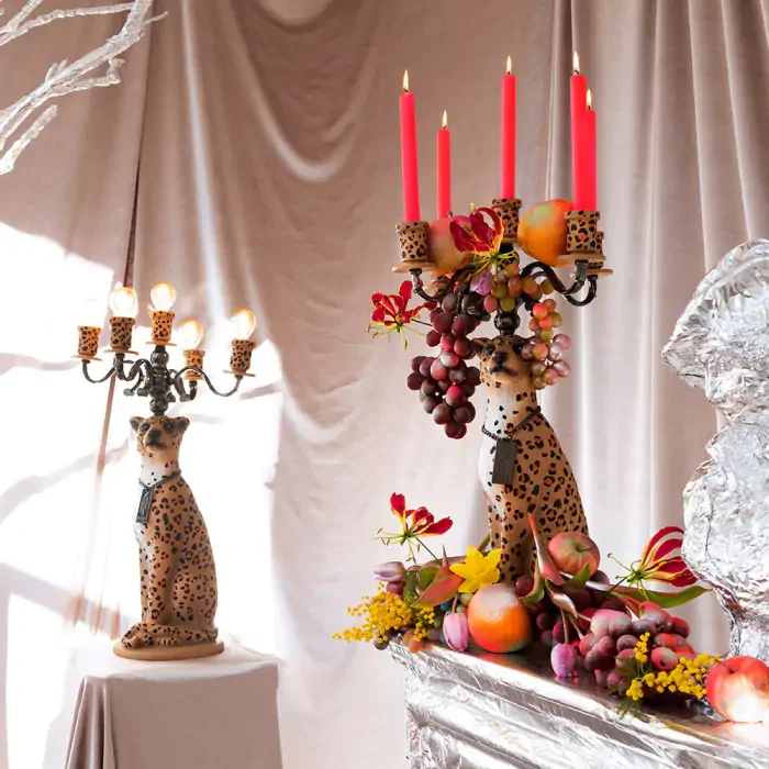 BOLD MONKEY Proudly Crowned Panther gulvlampe - sort galvanisering og brun panterprint harpiks