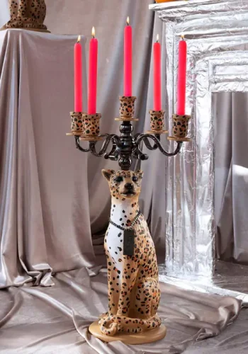 BOLD MONKEY Proudly Crowned Panther lysestage, til 5 lys - sort galvanisering og brun print harpiks