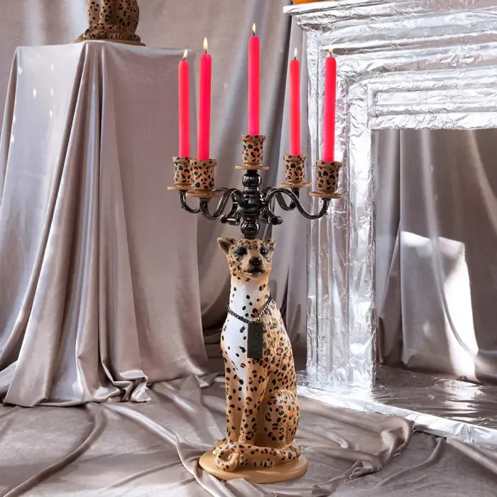 BOLD MONKEY Proudly Crowned Panther lysestage, til 5 lys - sort galvanisering og brun print harpiks