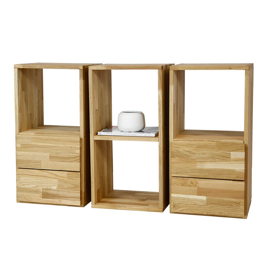 NOCNOI Puzzle rektangulr reol, m. 2 rum - massiv olieret eg, til vg/gulv (70x36)