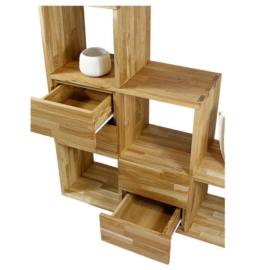 NOCNOI Puzzle asymmetrisk reol, m. 6 rum - massivt olieret eg (104x104)