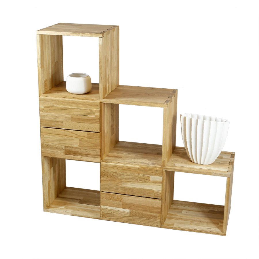 NOCNOI Puzzle asymmetrisk reol, m. 6 rum - massivt olieret eg (104x104)