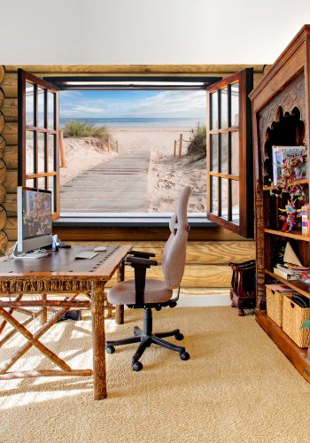 ARTGEIST - Fototapet med udsigt til strand fra en bjlkehytte - Flere strrelser