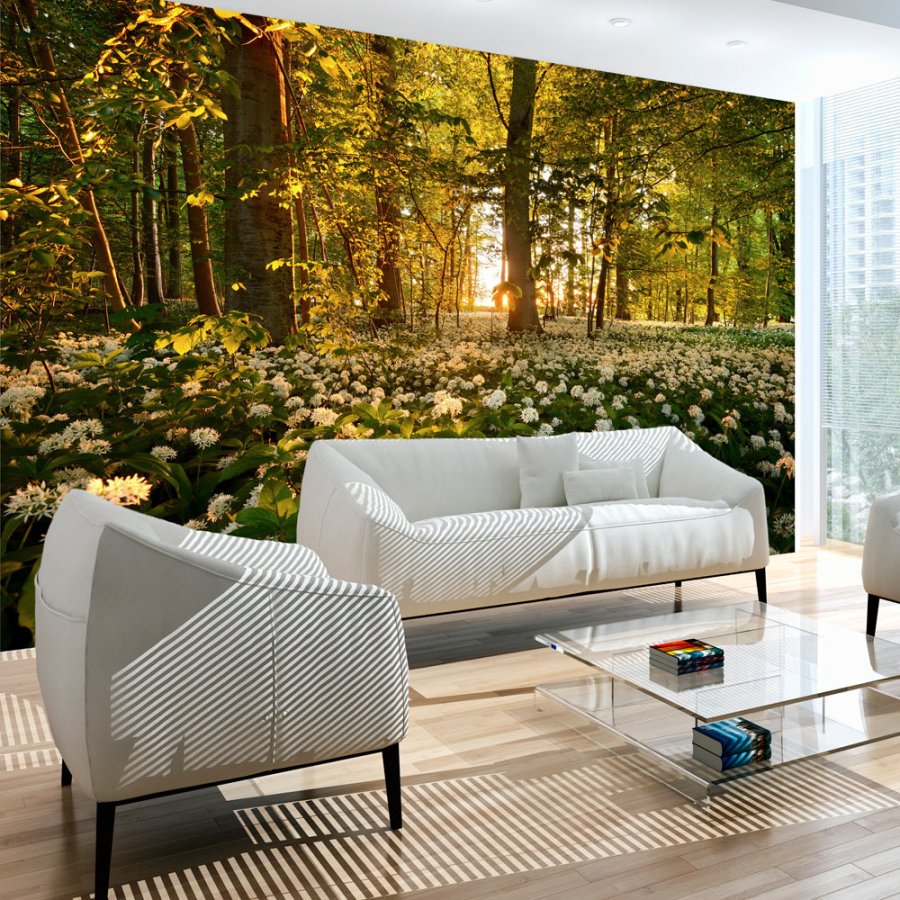 ARTGEIST - Fototapet af skovbund fyldt med hvide blomster - Flere strrelser