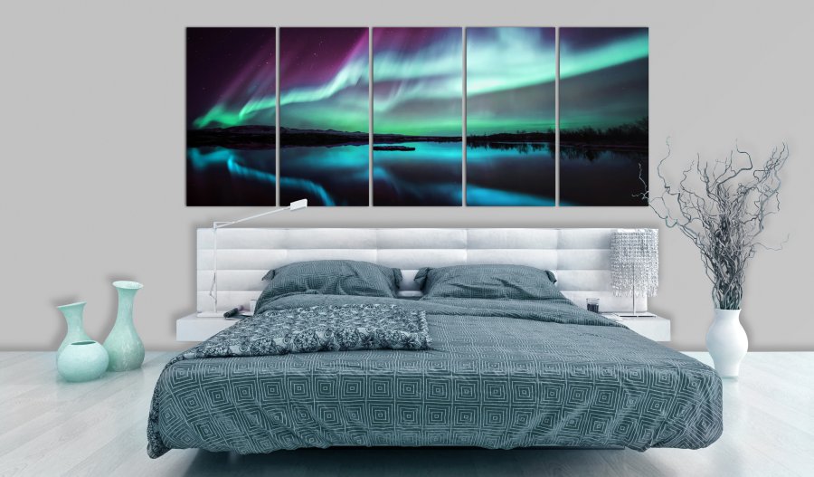 ARTGEIST Blue Ribbons I - Nordlys i bl og lilla nuancer trykt p lrred - Flere strrelser