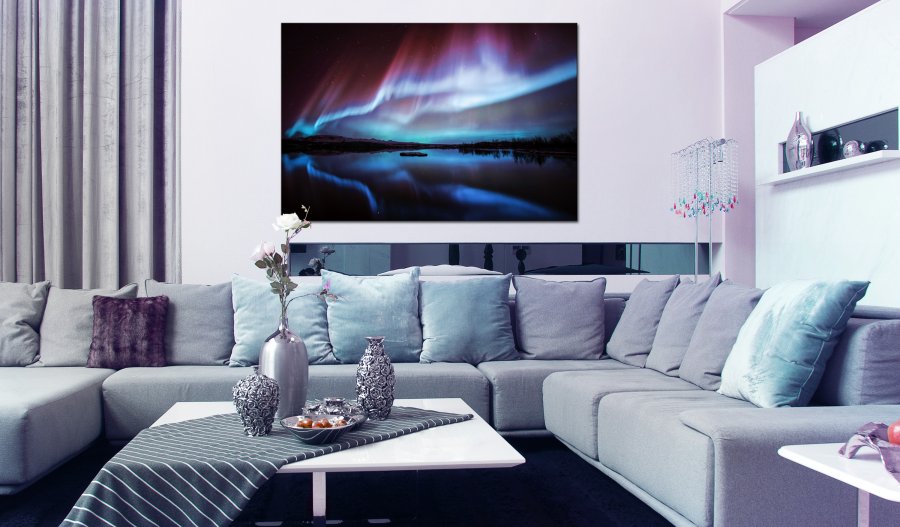 ARTGEIST Night Light - Nordlys i bl og rde nuancer trykt p lrred - Flere strrelser