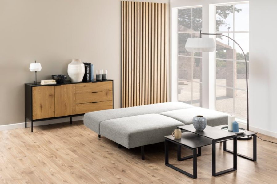 ACT NORDIC Malling sovesofa, m. udtrksseng og 2 puder - lysegr stof og sort stl