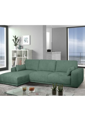 California sofa, m. venstre chaiselong og 2 armpuder - grn stof og sort metal