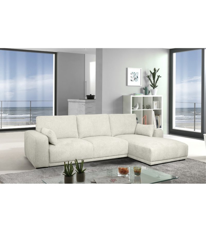 California sofa, m. hjre chaiselong og 2 armpuder - sand stof og sort metal