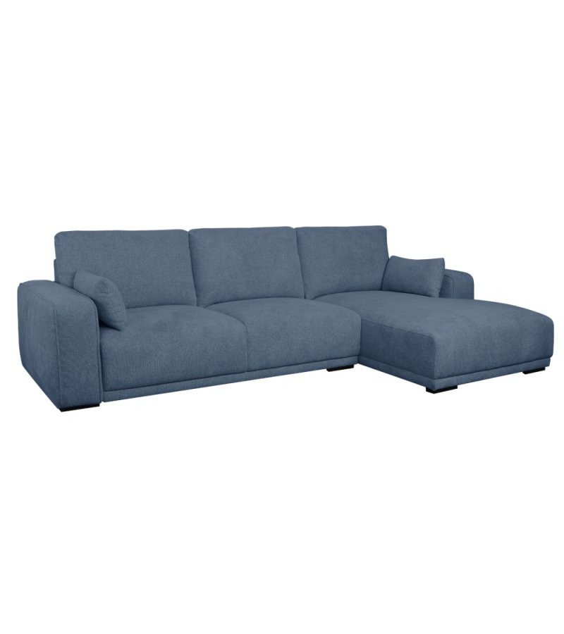 California sofa, m. hjre chaiselong og 2 armpuder - bl stof og sort metal