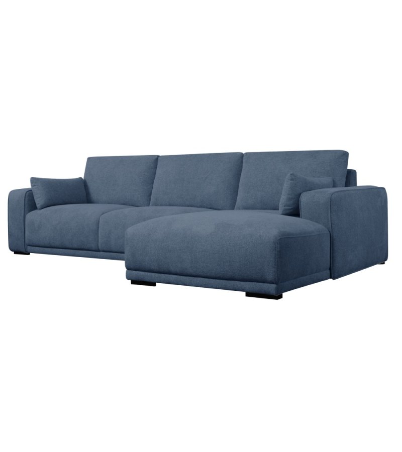 California sofa, m. hjre chaiselong og 2 armpuder - bl stof og sort metal