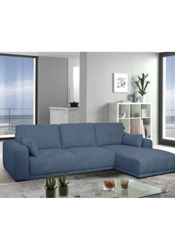 California sofa, m. hjre chaiselong og 2 armpuder - bl stof og sort metal