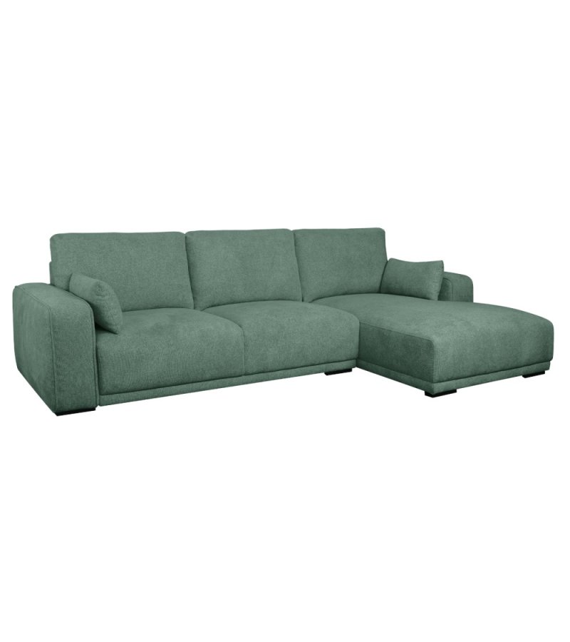 California sofa, m. hjre chaiselong og 2 armpuder - grn stof og sort metal