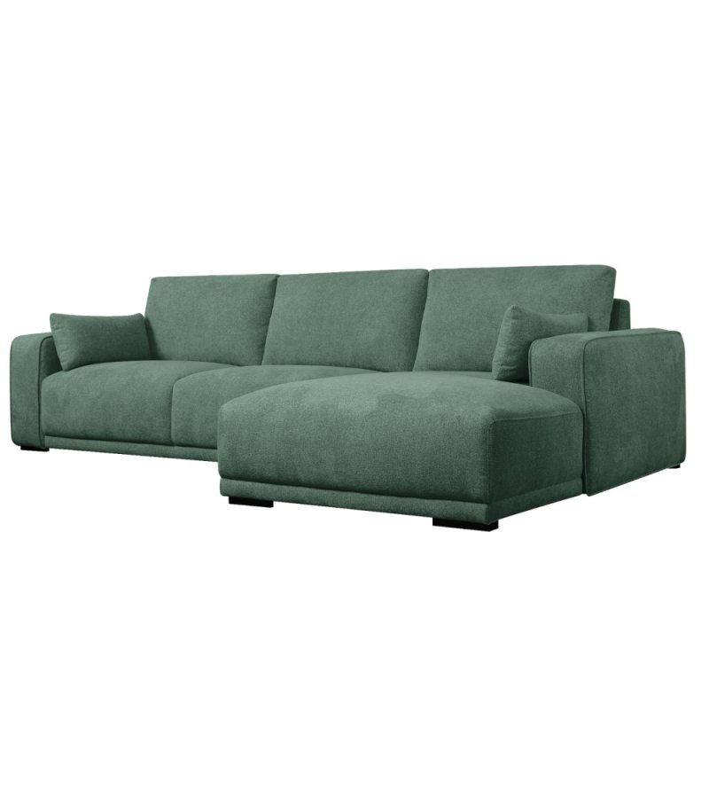 California sofa, m. hjre chaiselong og 2 armpuder - grn stof og sort metal