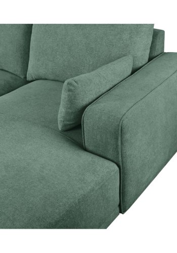 California sofa, m. hjre chaiselong og 2 armpuder - grn stof og sort metal