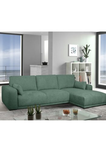 California sofa, m. hjre chaiselong og 2 armpuder - grn stof og sort metal