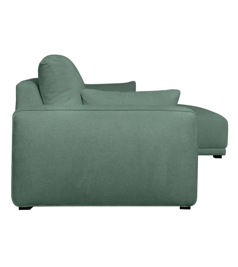 California sofa, m. hjre chaiselong og 2 armpuder - grn stof og sort metal