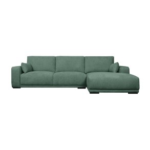 California sofa, m. hjre chaiselong og 2 armpuder - grn stof og sort metal