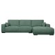 California sofa, m. hjre chaiselong og 2 armpuder - grn stof og sort metal