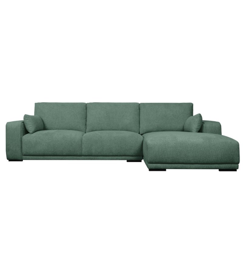 California sofa, m. hjre chaiselong og 2 armpuder - grn stof og sort metal