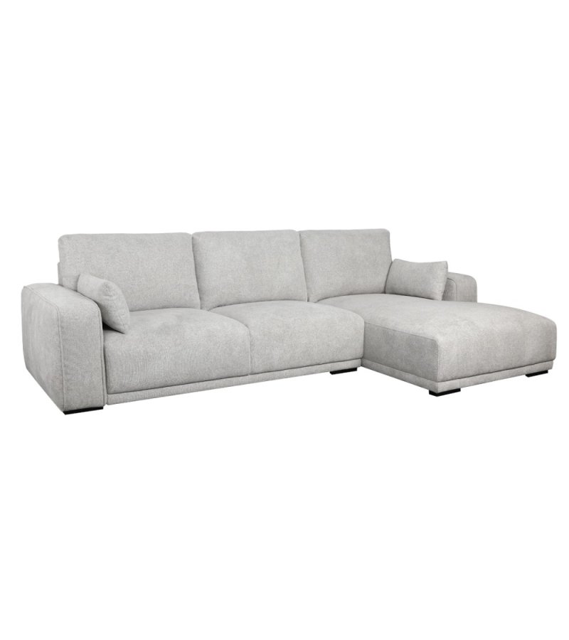 California sofa, m. hjre chaiselong og 2 armpuder - gr stof og sort metal