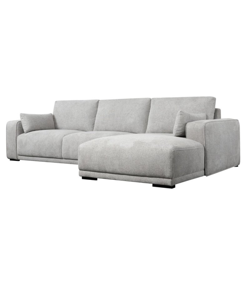 California sofa, m. hjre chaiselong og 2 armpuder - gr stof og sort metal
