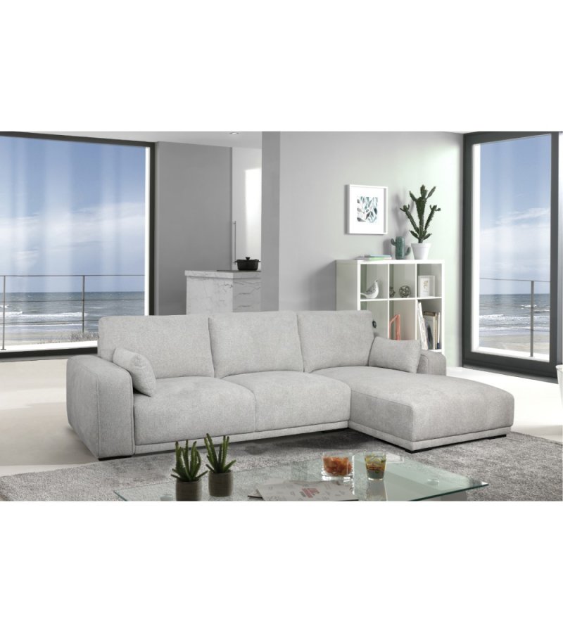 California sofa, m. hjre chaiselong og 2 armpuder - gr stof og sort metal