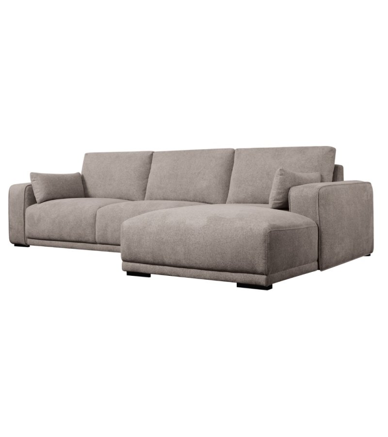 California sofa, m. hjre chaiselong og 2 armpuder - brun stof og sort metal