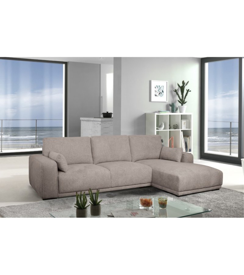 California sofa, m. hjre chaiselong og 2 armpuder - brun stof og sort metal