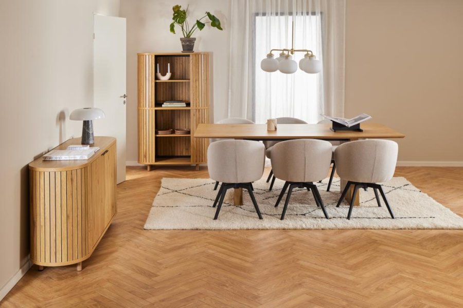 ACT NORDIC Darlene spisebordsstol, m. armln, drejefunktion, retur drej - beige stof og sort stl