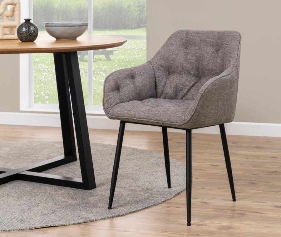 ACT NORDIC Brooke spisebordsstol, m. armln og syninger - grbrun stof og sort stl