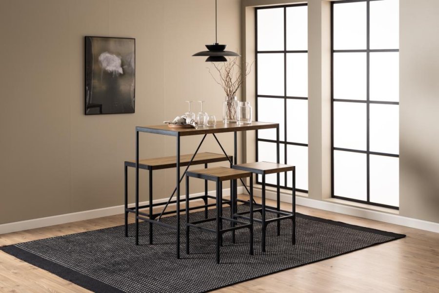 ACT NORDIC Bahamas barbord, m. 1 bnk, 2 stole og fodsttte - mat eg melamin/sort stl (120x60x105)