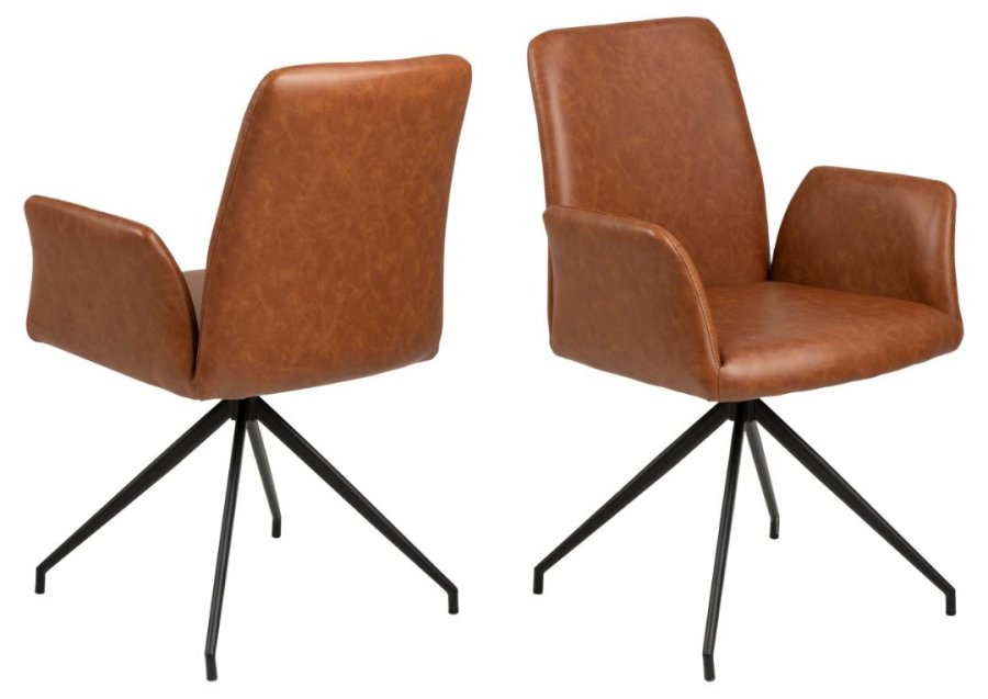 ACT NORDIC Naya spisebordsstol, m. armln og drejefunktion - retro cognac PU og sort stl