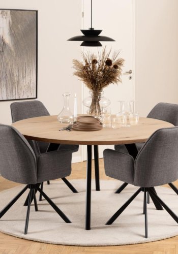 ACT NORDIC Glenda spisebordsstol, m. armln og drejefunktion - lys grbrun stof og sort stl