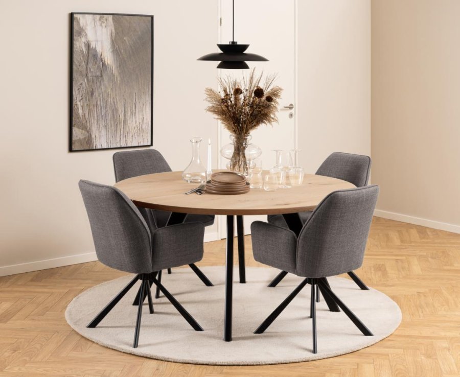 ACT NORDIC Glenda spisebordsstol, m. armln og drejefunktion - lys grbrun stof og sort stl