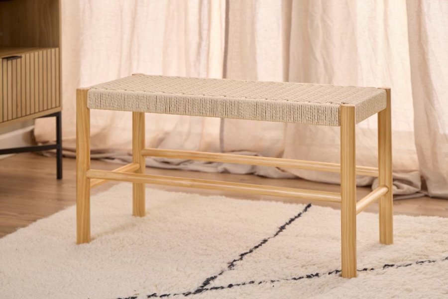 ACT NORDIC Alvin bnk, m. vvet mnster, rektangulr - off white papirflet og natur fyrretr (80x35)