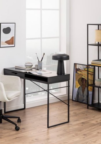 ACT NORDIC Seaford skrivebord, m. 1 hylde og 1 skuffe - sort ask ru melamin og sort stl (110x45)