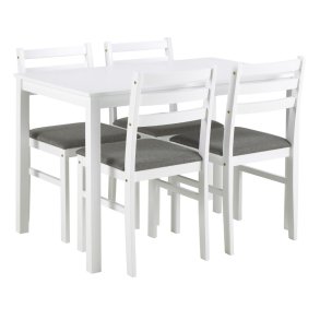 ACT NORDIC Alicante spisebordsst, 1 spisebord, 4 spisebordsstole - lysegr stof, hvid MDF/gummitr
