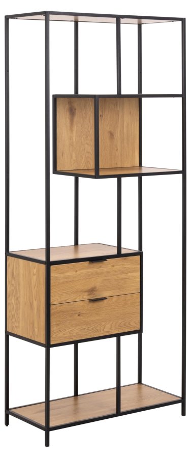 ACT NORDIC Seaford reol, m. 4 hylder og 2 skuffer - mat vild eg ru melam og sort ru stl (77x35x185)