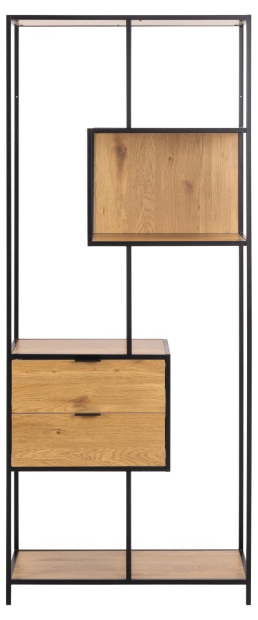 ACT NORDIC Seaford reol, m. 4 hylder og 2 skuffer - mat vild eg ru melam og sort ru stl (77x35x185)