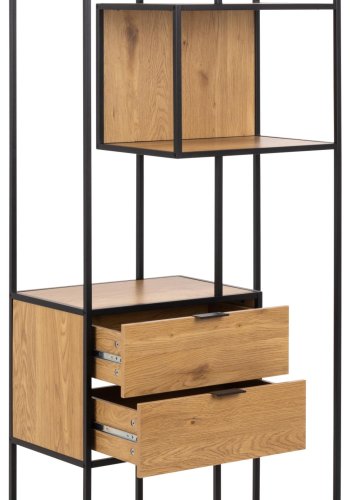 ACT NORDIC Seaford reol, m. 4 hylder og 2 skuffer - mat vild eg ru melam og sort ru stl (77x35x185)