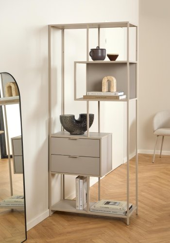 ACT NORDIC Seaford reol, m. 4 hylder og 2 skuffer - gr ru melamin og gr ru stl (77x35x185)