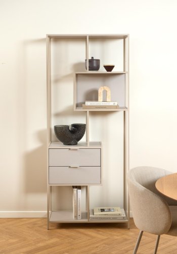 ACT NORDIC Seaford reol, m. 4 hylder og 2 skuffer - gr ru melamin og gr ru stl (77x35x185)